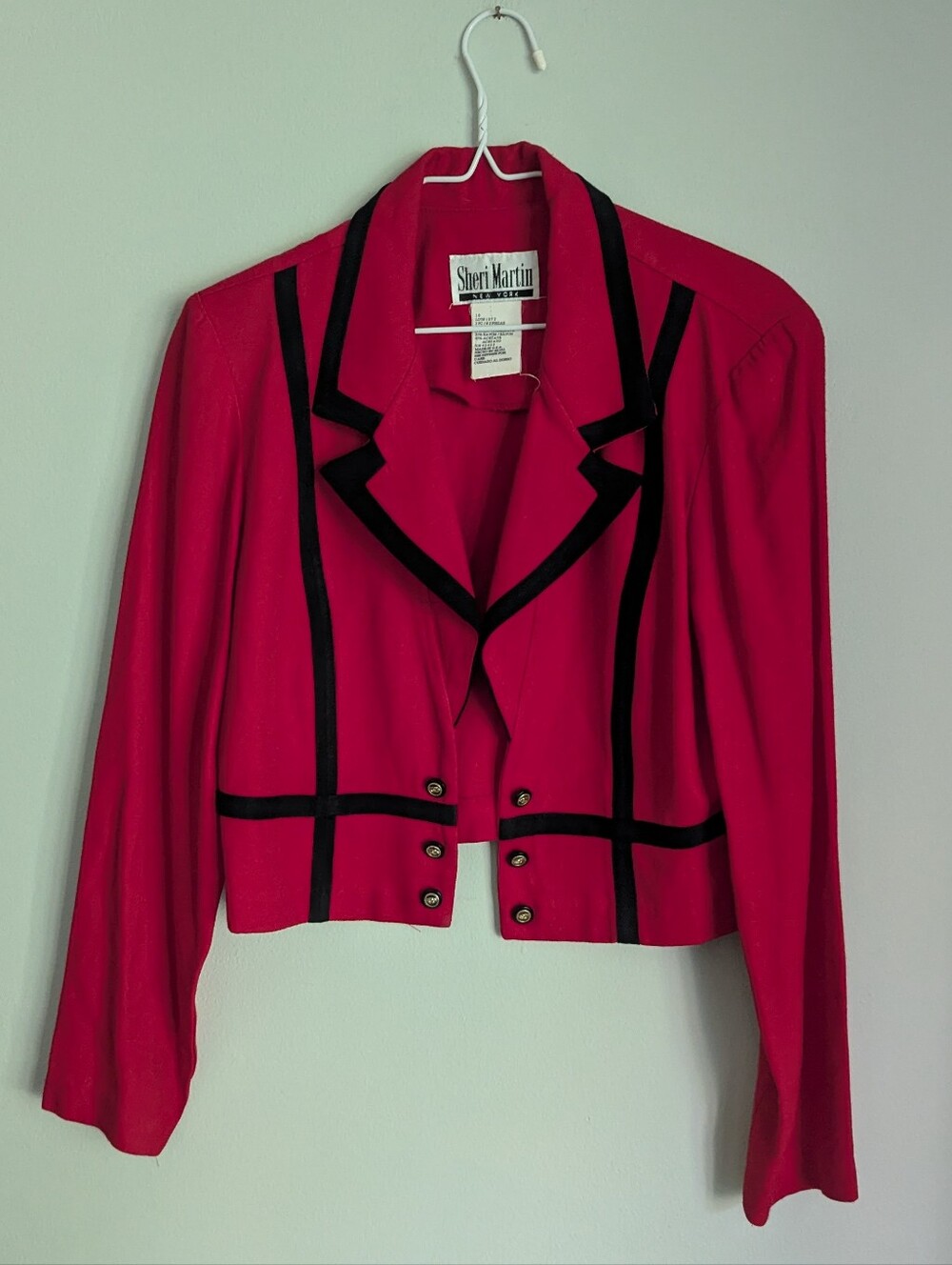 Vintage 90s Women's Medium Cropped Red Suit Jacket Black Trim Open Front